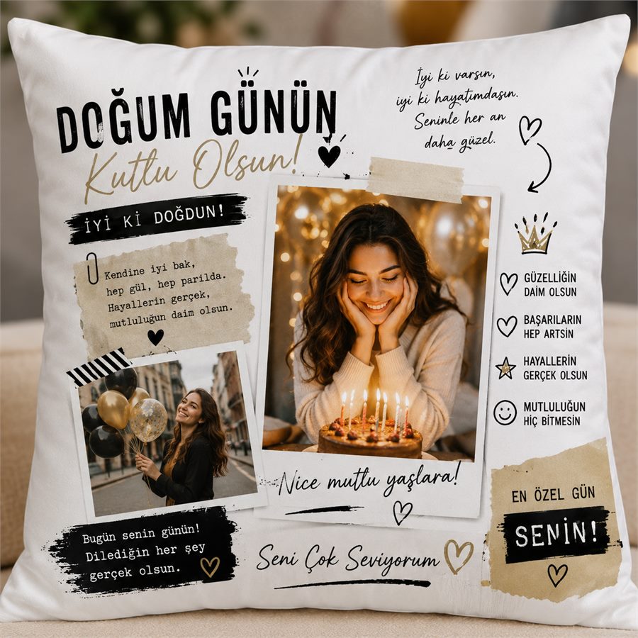 Doğum Günü Mesajlı ve Fotoğraflı Yastık