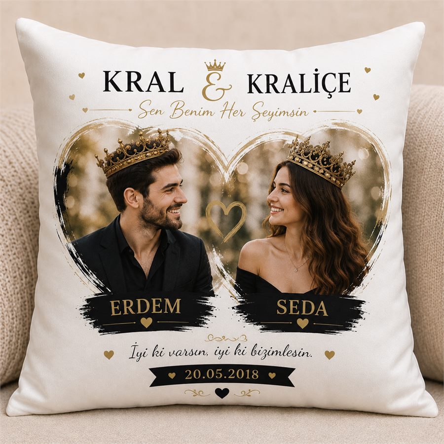 Kişiye Özel Kral Kraliçe Çift Yastığı